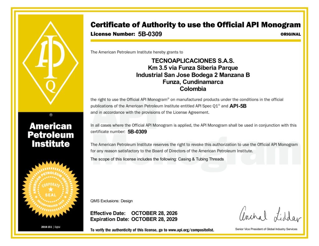 Licencia API 5B-0309 de Tecnoaplicaciones S.A.S.
