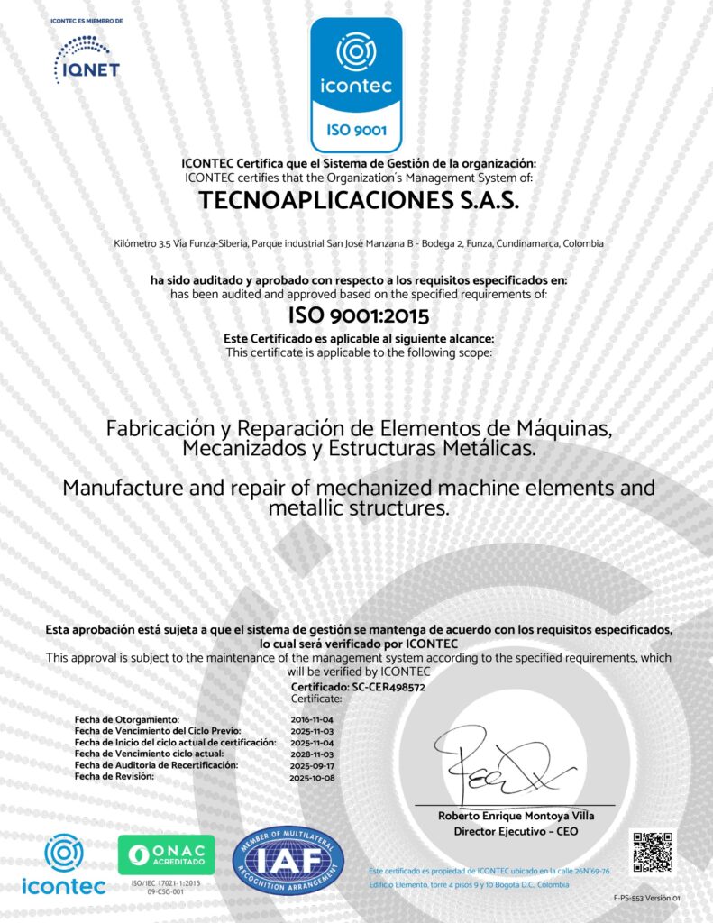 Certificado ICONTEC ISO 9001:2015 de Tecnoaplicaciones S.A.S.