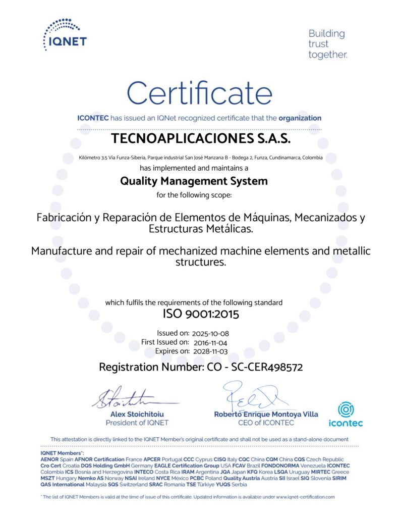 Certificado IQNET ISO 9001:2015 de Tecnoaplicaciones S.A.S.